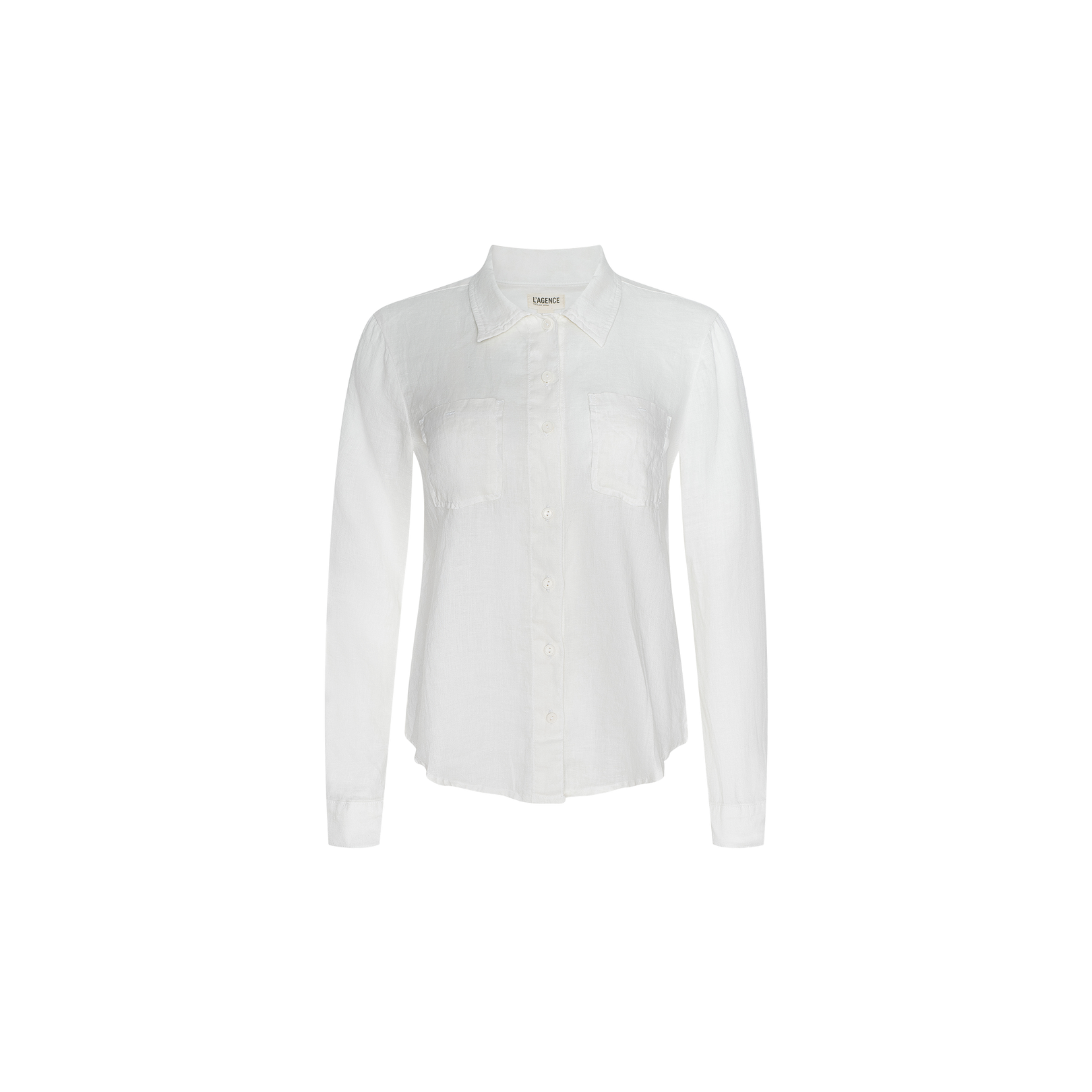The Isla Linen Shirt, a white long-sleeve button-down with two chest pockets, is displayed against a plain white background.