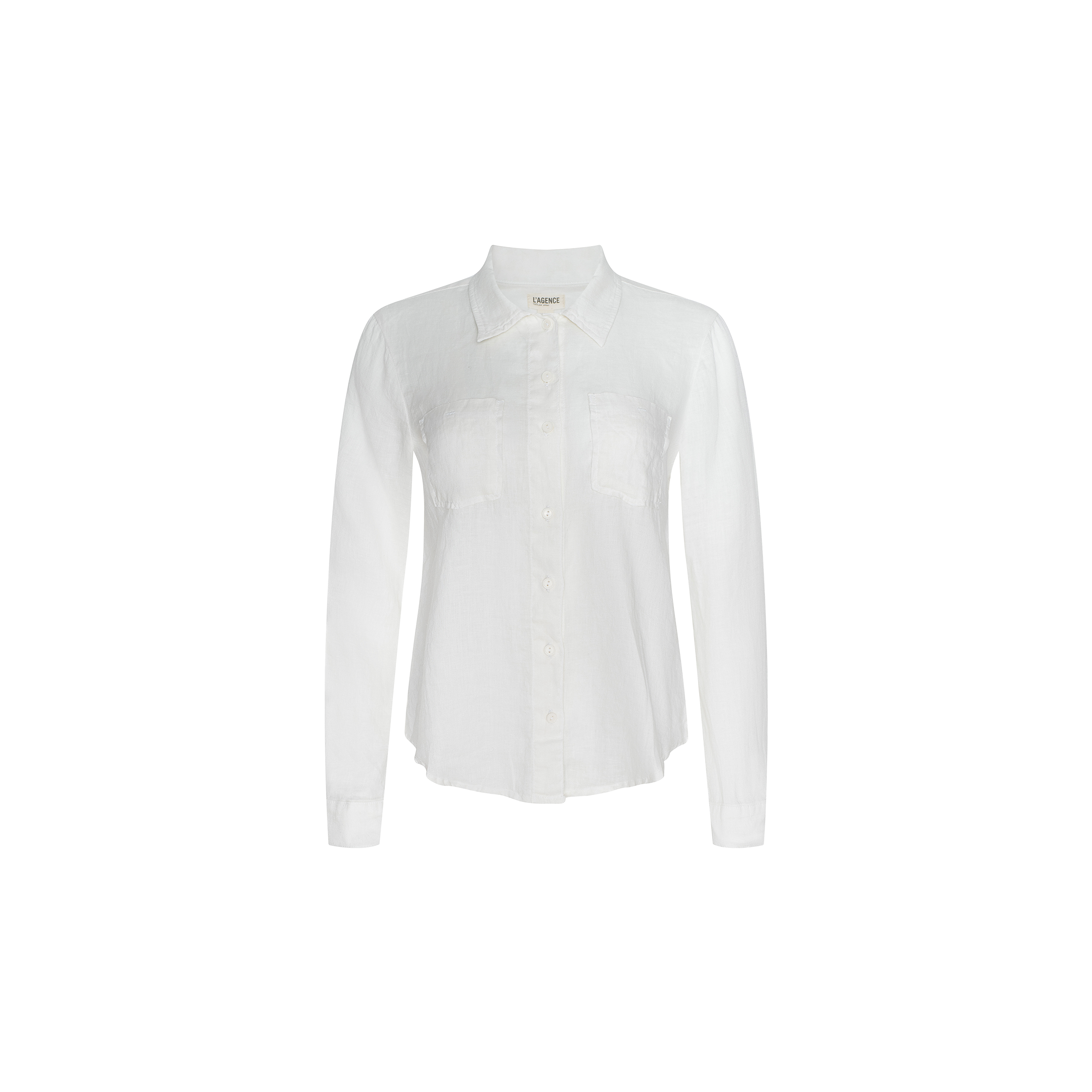 The Isla Linen Shirt is a white long-sleeve button-down with two chest pockets, shown against a plain white background.