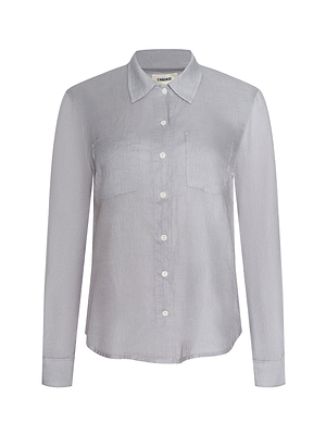 The Isla Linen Shirt is a light grey, long sleeve button-down with a collar and two chest pockets, shown on a plain white background.