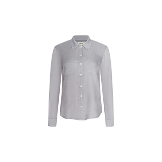 The Isla Linen Shirt is a light grey, long-sleeve button-down with a collar and two chest pockets, shown against a plain white background.