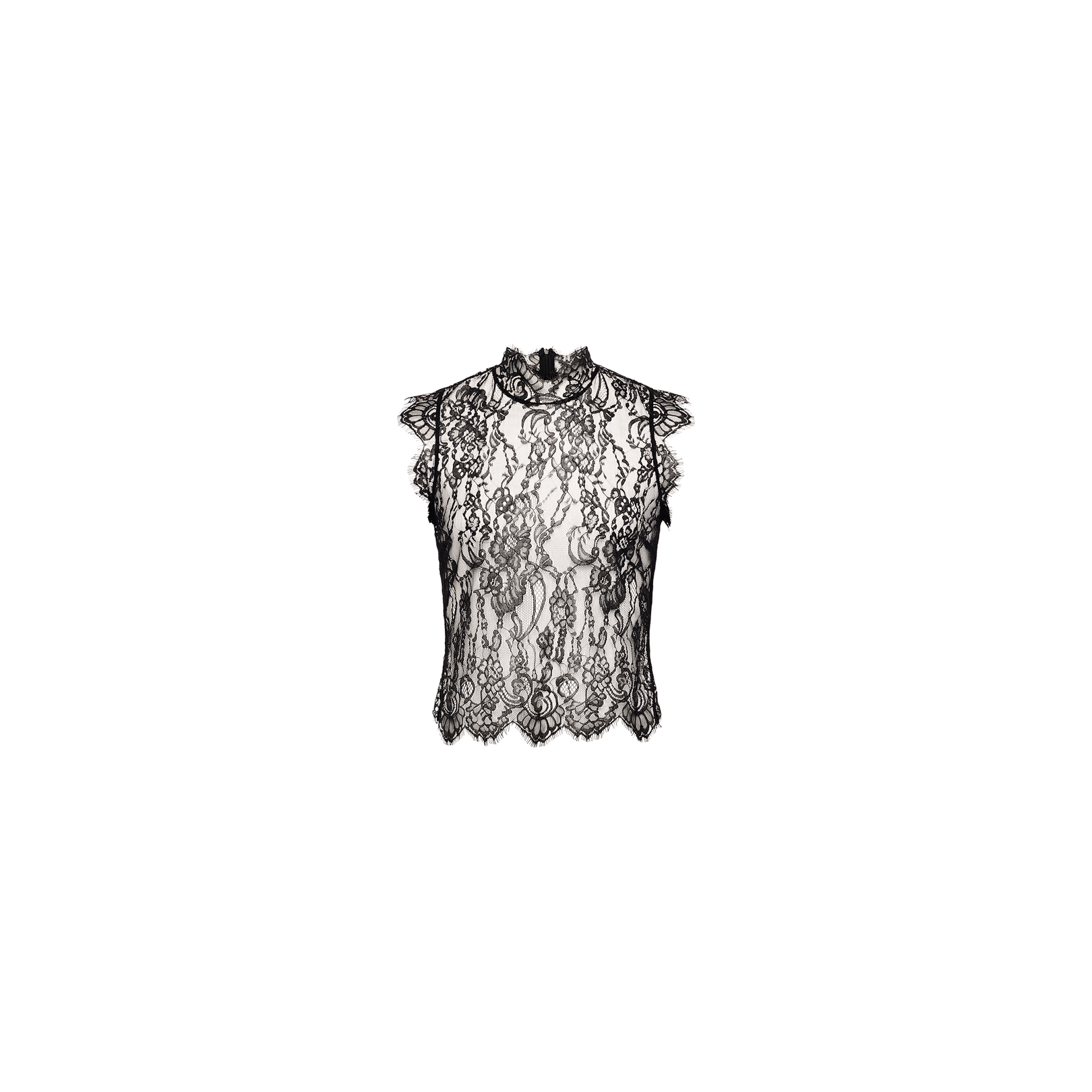 The Tours Lace Top is a black sheer Chantilly lace sleeveless top with a high neckline and scalloped hem, featuring intricate floral patterns and sheer fabric, displayed on a plain white background.