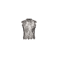 The Tours Lace Top is a black sheer Chantilly lace sleeveless top with a high neckline and scalloped hem, featuring intricate floral patterns and sheer fabric, displayed on a plain white background.
