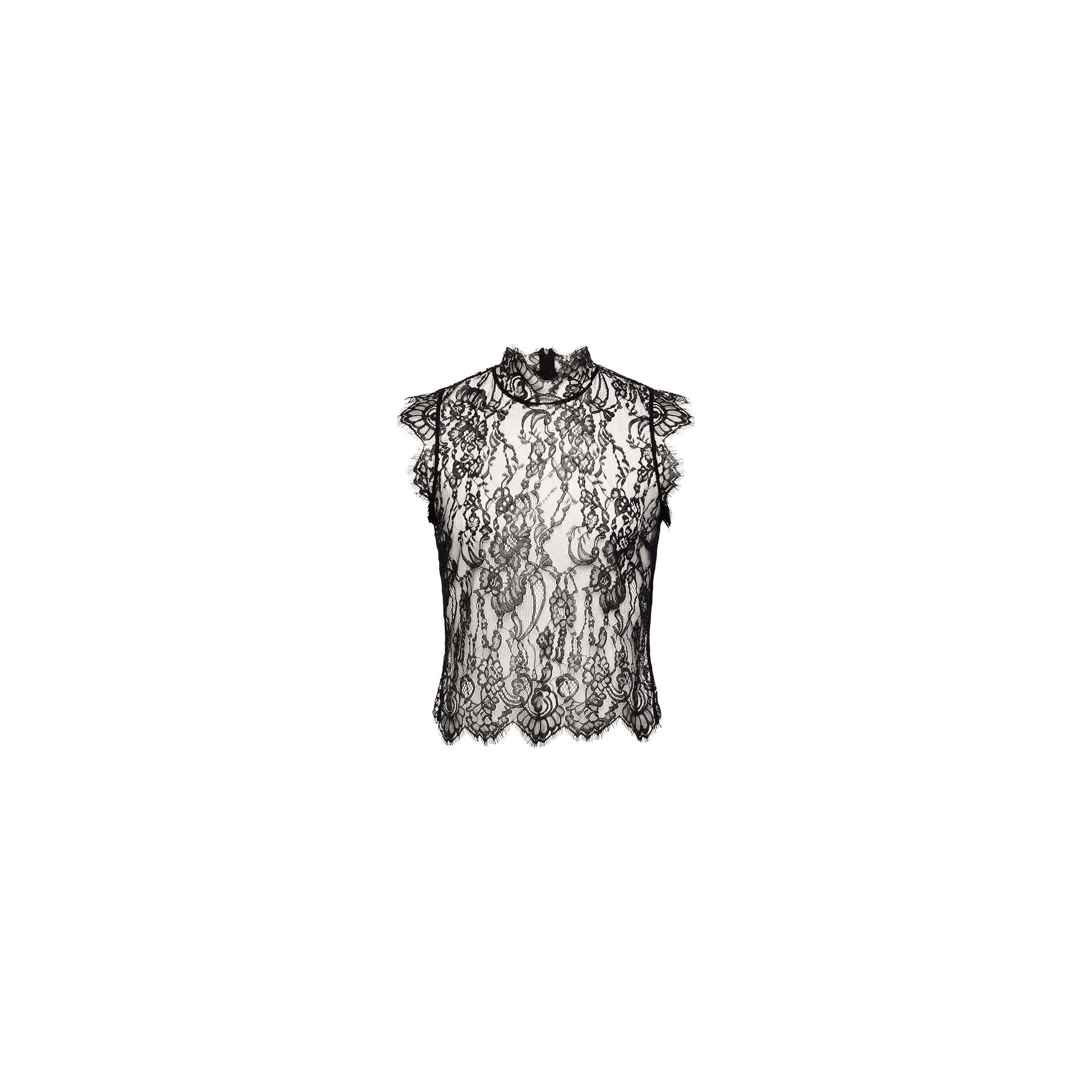 The Tours Lace Top is a black sheer Chantilly lace sleeveless top with a high neckline and scalloped hem, featuring intricate floral patterns and sheer fabric, displayed on a plain white background.