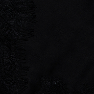 Close-up of black fabric with a lace pattern and fringed edges on the left side, contrasting with smooth, plain black satin to the right—evoking the elegant detailing of the Mitsu Satin Lace Camisole.