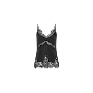 The Mitsu Satin Lace Camisole is a black satin camisole adorned with delicate lace trim along the neckline and hem, featuring thin shoulder straps and a v-shaped front for a lingerie-inspired look.