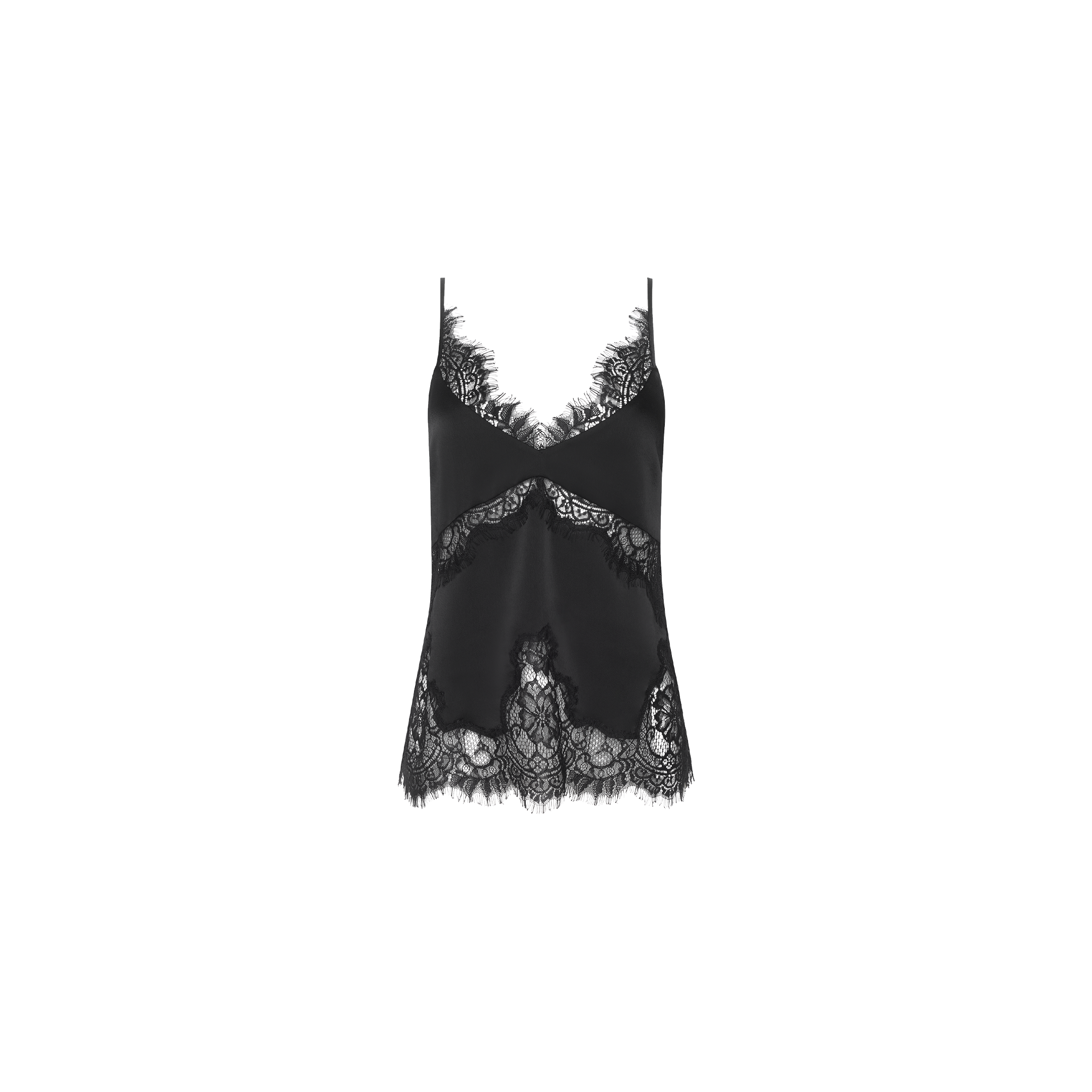 The Mitsu Satin Lace Camisole is a black satin camisole adorned with delicate lace trim along the neckline and hem, featuring thin shoulder straps and a v-shaped front for a lingerie-inspired look.