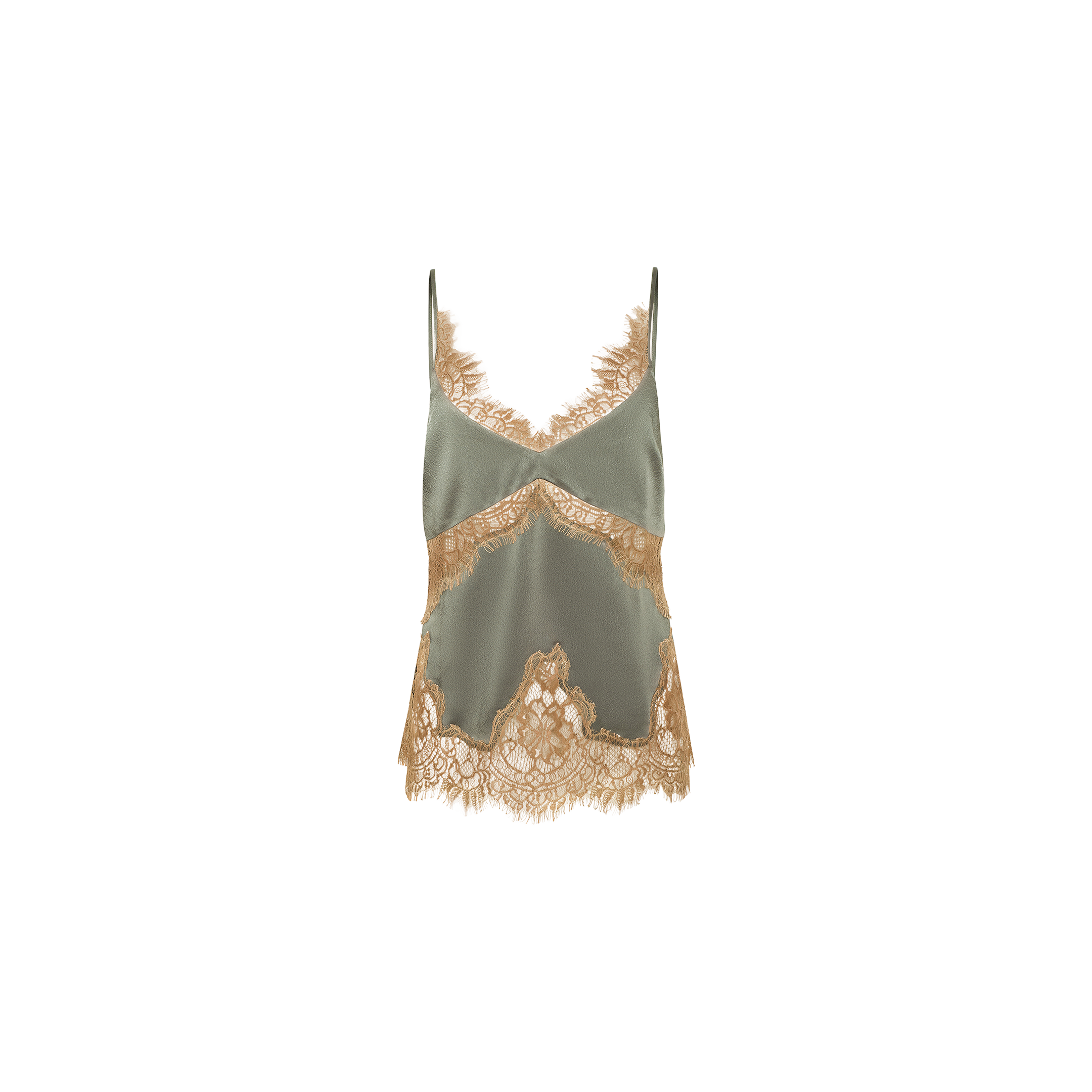 The Mitsu Satin Lace Camisole is a sage green satin top featuring thin straps and delicate gold lace trim along the neckline and hem, shown against a white background.