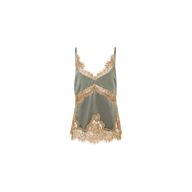 The Mitsu Satin Lace Camisole is a sage green satin top featuring thin straps and delicate gold lace trim along the neckline and hem, shown against a white background.