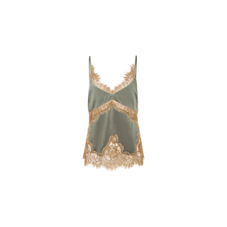 The Mitsu Satin Lace Camisole is a sleeveless top in sage green, featuring delicate beige lace trim along the neckline, hem, and chest, shown against a plain white background.