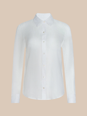 The Ellery Blouse is a classic long-sleeve white button-down shirt with a pointed collar, shown against a plain beige background.