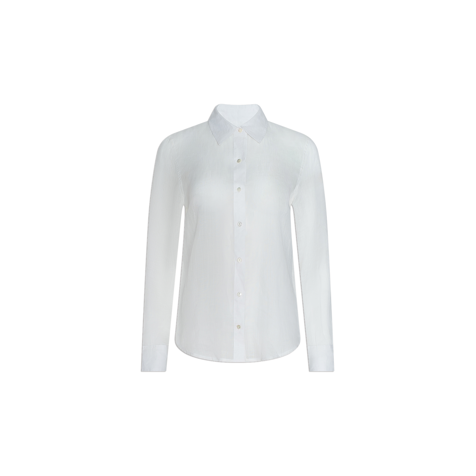 The Ellery Blouse is a classic white, long-sleeve button-down shirt with a collar, crafted from breathable fabric and displayed on a plain white background.