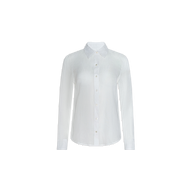 The Ellery Blouse is a classic white, long-sleeve button-down shirt with a collar, crafted from breathable fabric and displayed on a plain white background.