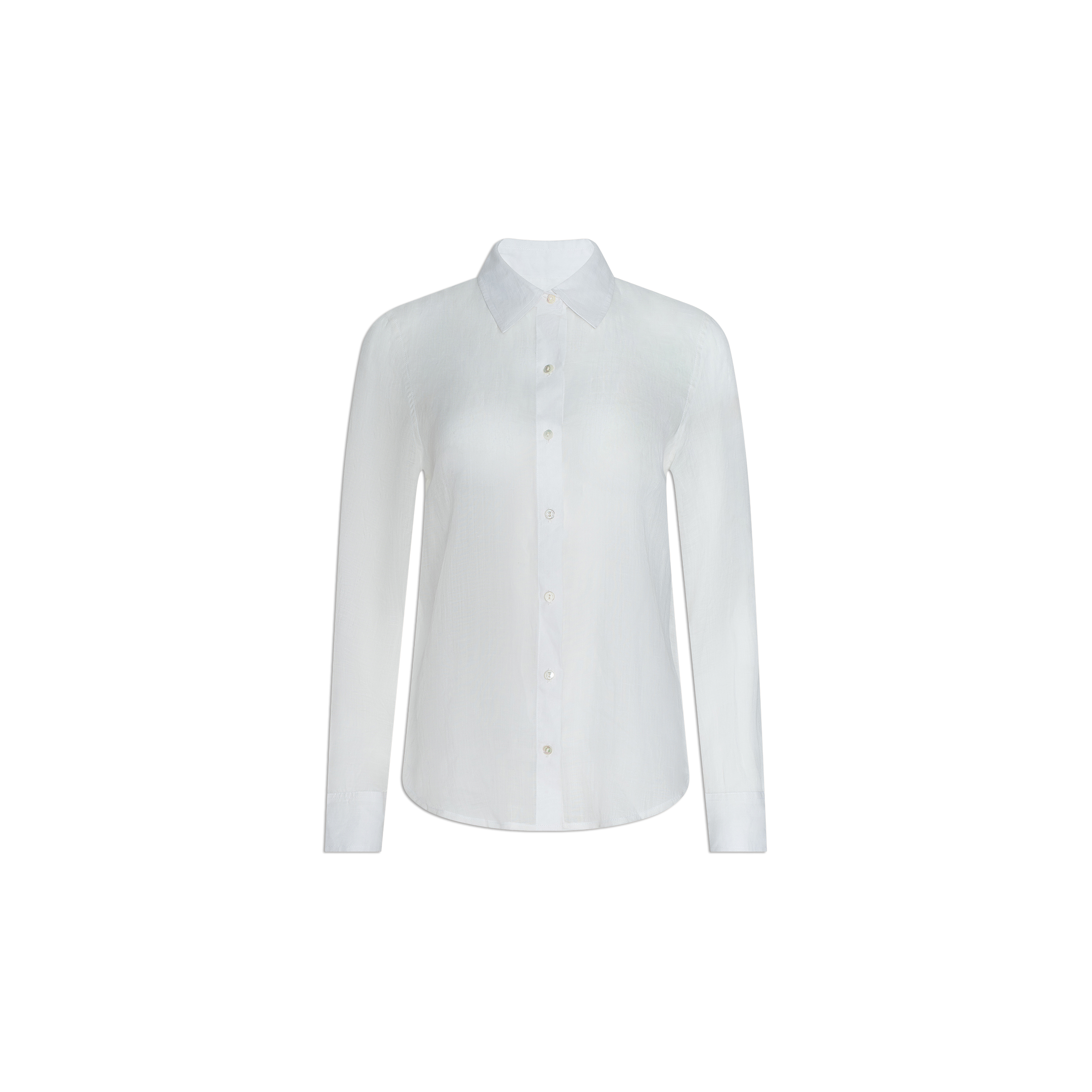 The Ellery Blouse is a classic white, long-sleeve button-down shirt with a collar, crafted from breathable fabric and displayed on a plain white background.