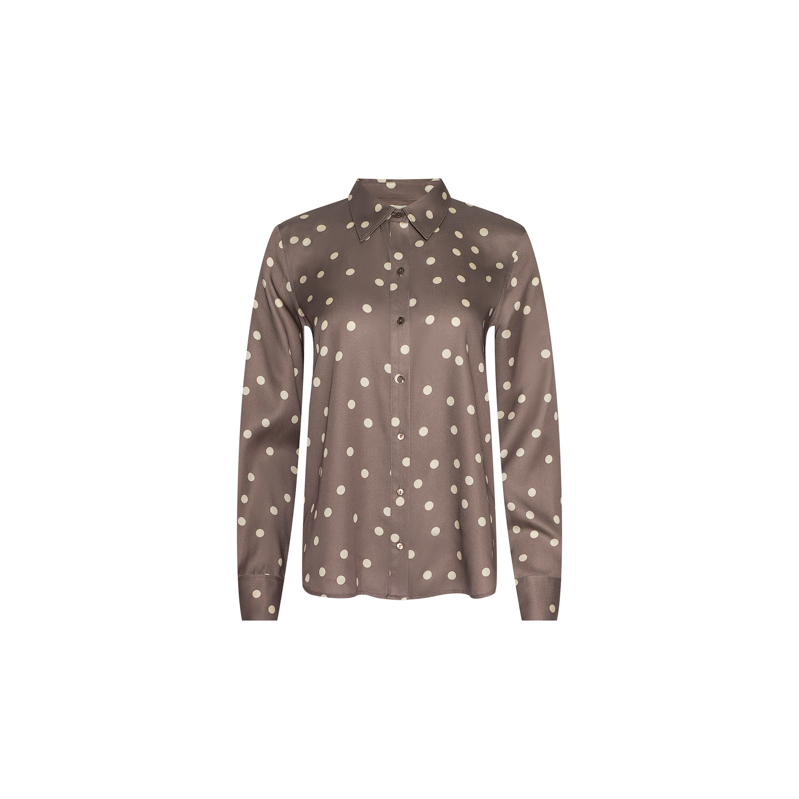 Ellery Button-Down Shirt in cardamom brown, featuring long sleeves, a collared neckline, cream polka dots, and fitted cuffs, displayed on a plain white background.