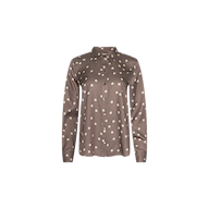 Ellery Button-Down Shirt in cardamom brown, featuring long sleeves, a collared neckline, cream polka dots, and fitted cuffs, displayed on a plain white background.