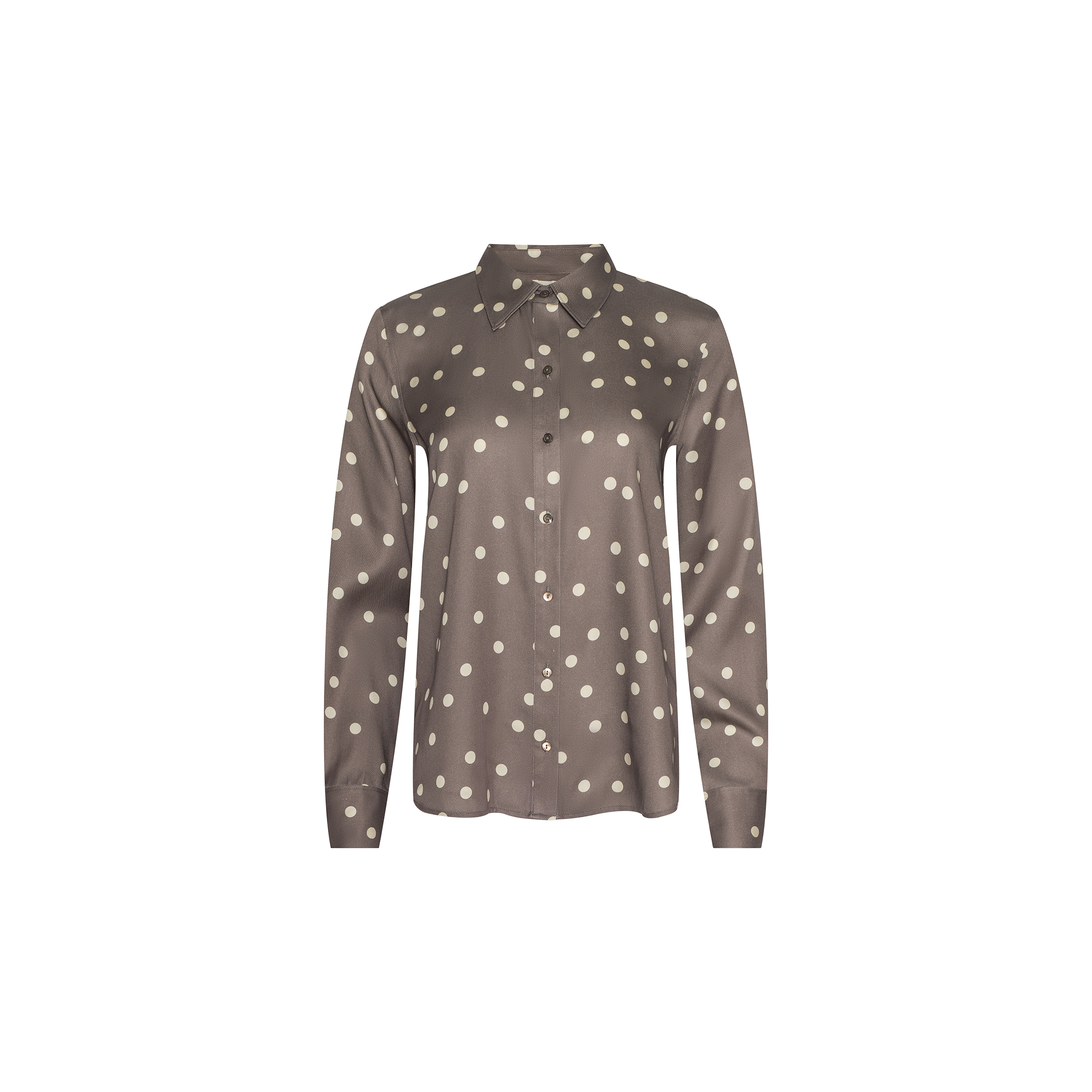 Ellery Button-Down Shirt in cardamom brown, featuring long sleeves, a collared neckline, cream polka dots, and fitted cuffs, displayed on a plain white background.