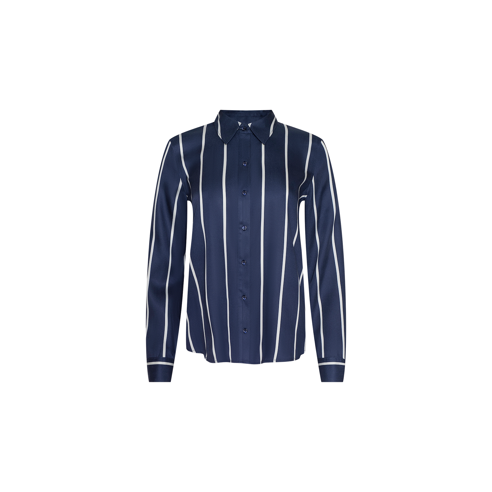 Ellery Shirt in navy blue, featuring white vertical stripes and long sleeves, crafted from lightweight Tencel for a relaxed fit, displayed against a plain white background.