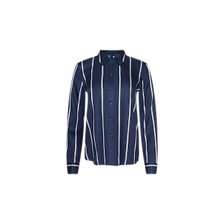 Ellery Shirt in navy blue, featuring white vertical stripes and long sleeves, crafted from lightweight Tencel for a relaxed fit, displayed against a plain white background.