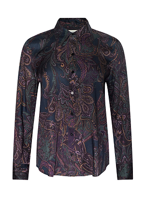 The Ellery Button-Down Shirt features long sleeves, a pointed collar, and a dark paisley pattern in purple, green, and brown on black—a standout look inspired by New York Fashion Week for Fall 2026.