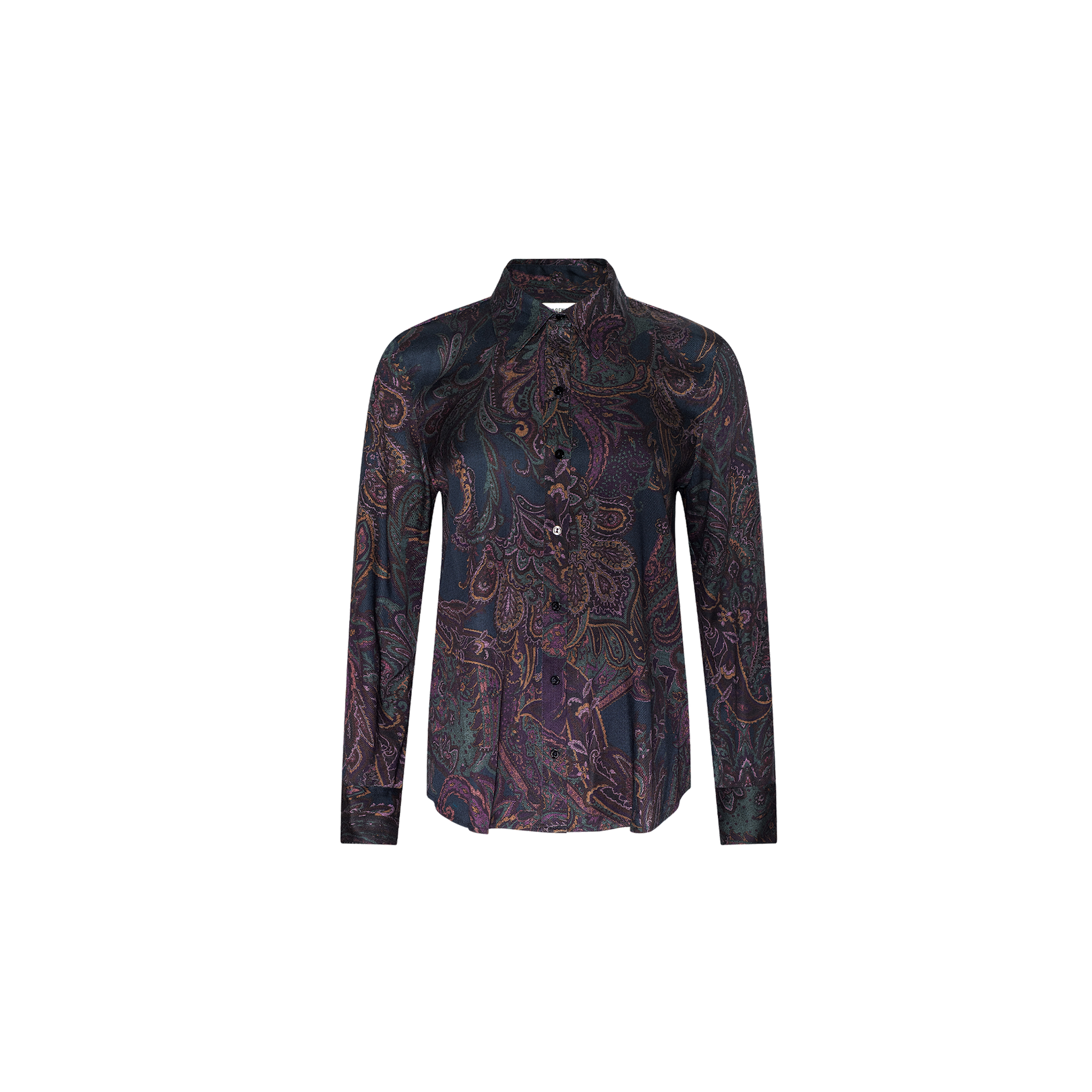 The Ellery Button-Down Shirt is a lightweight twill blouse featuring long sleeves and a button-down front, adorned with a dark, multicolored paisley print on a crisp white background.