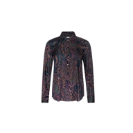 The Ellery Button-Down Shirt is a lightweight twill blouse featuring long sleeves and a button-down front, adorned with a dark, multicolored paisley print on a crisp white background.