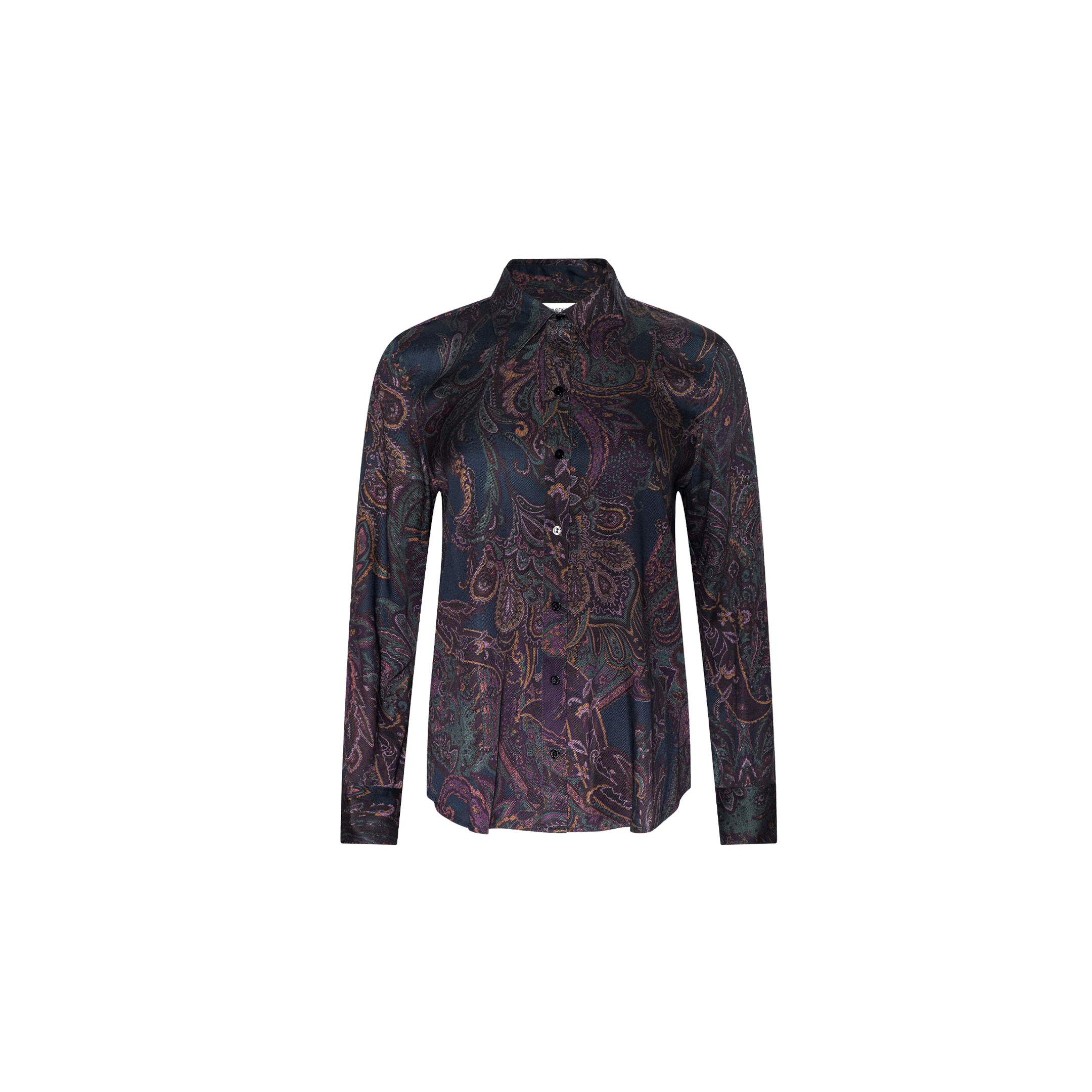 The Ellery Button-Down Shirt is a lightweight twill blouse featuring long sleeves and a button-down front, adorned with a dark, multicolored paisley print on a crisp white background.
