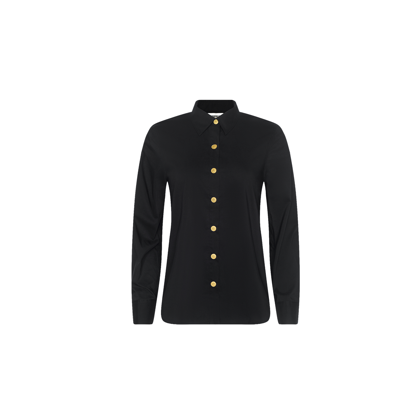 The Ellery Button-Down Shirt is a black, long-sleeve blouse featuring a collared neckline and gold buttons. Designed in a relaxed fit, this shirt is showcased against a plain white background.