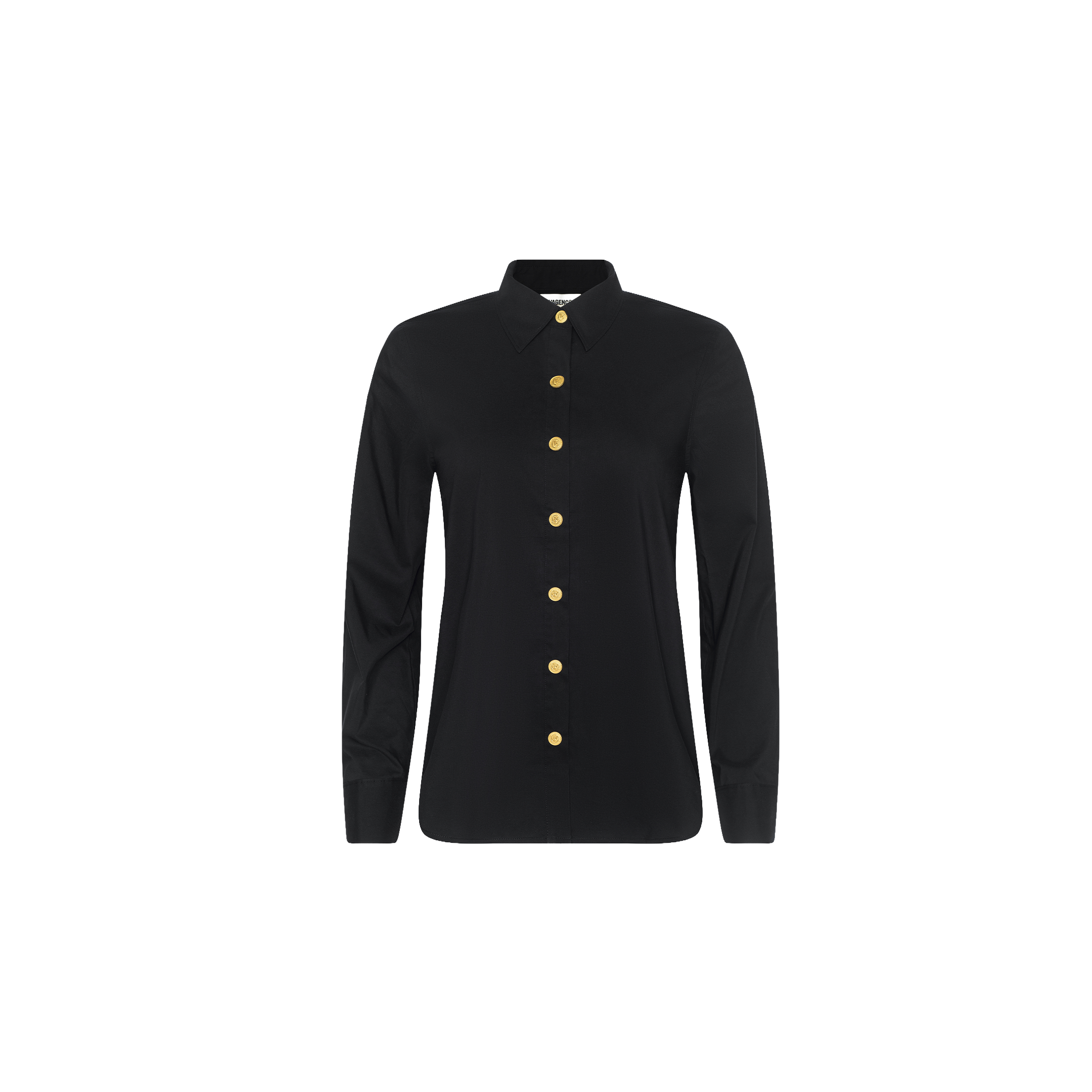The Ellery Button-Down Shirt is a black, long-sleeve blouse featuring a collared neckline and gold buttons. Designed in a relaxed fit, this shirt is showcased against a plain white background.