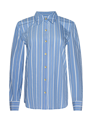 The Ellery Poplin Shirt is a blue, relaxed-fit button-down with white vertical stripes, yellow buttons, a collar, and buttoned cuffs, crafted from soft striped poplin.