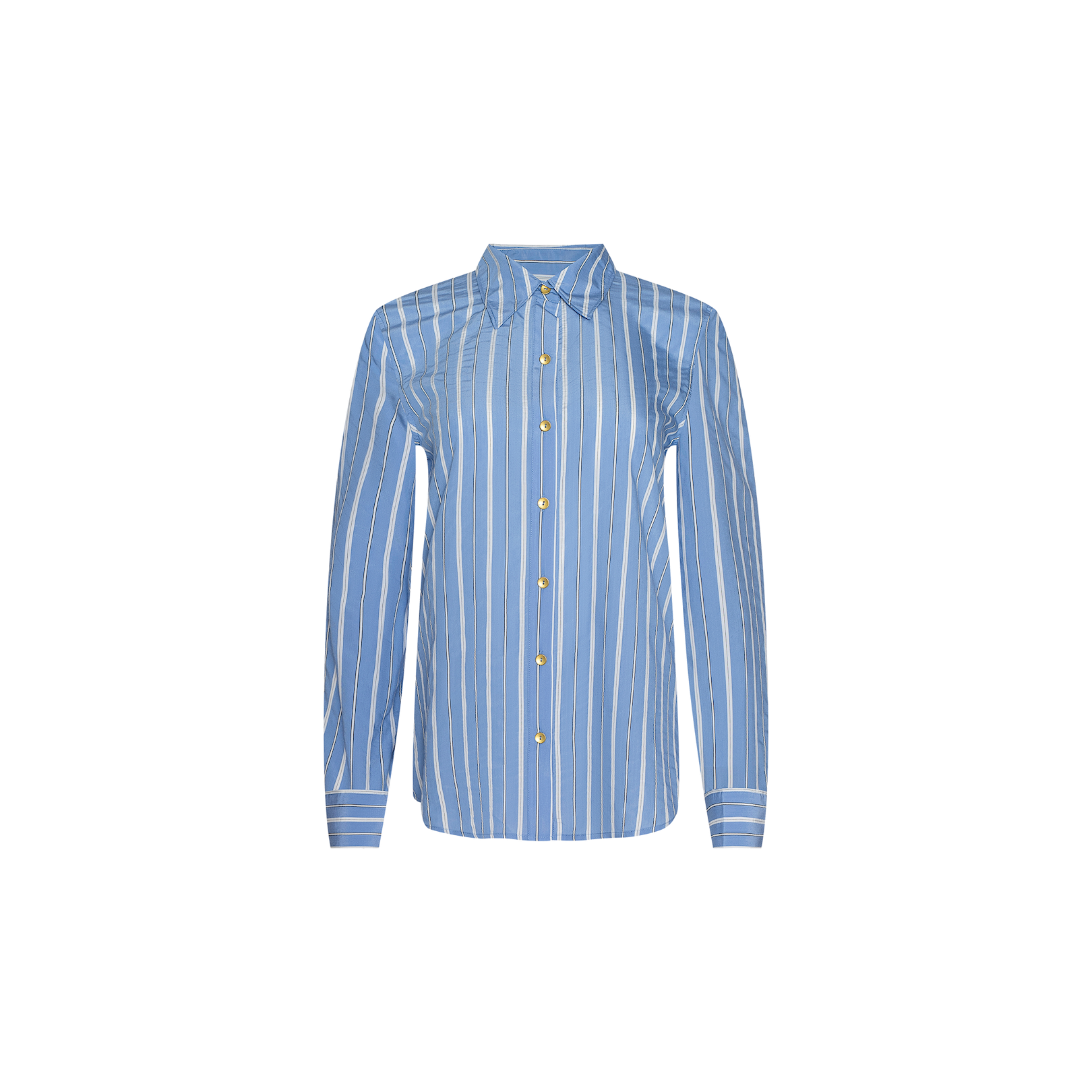 Ellery Poplin Shirt in blue and white vertical stripes, featuring a collar, long sleeves, button-down front, and a relaxed fit, shown on a plain white background.