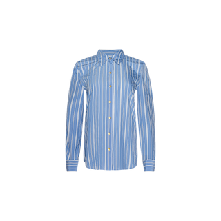 The Ellery Poplin Shirt is a blue relaxed fit button-down with white vertical stripes and long sleeves, crafted from striped poplin and displayed against a plain white background.