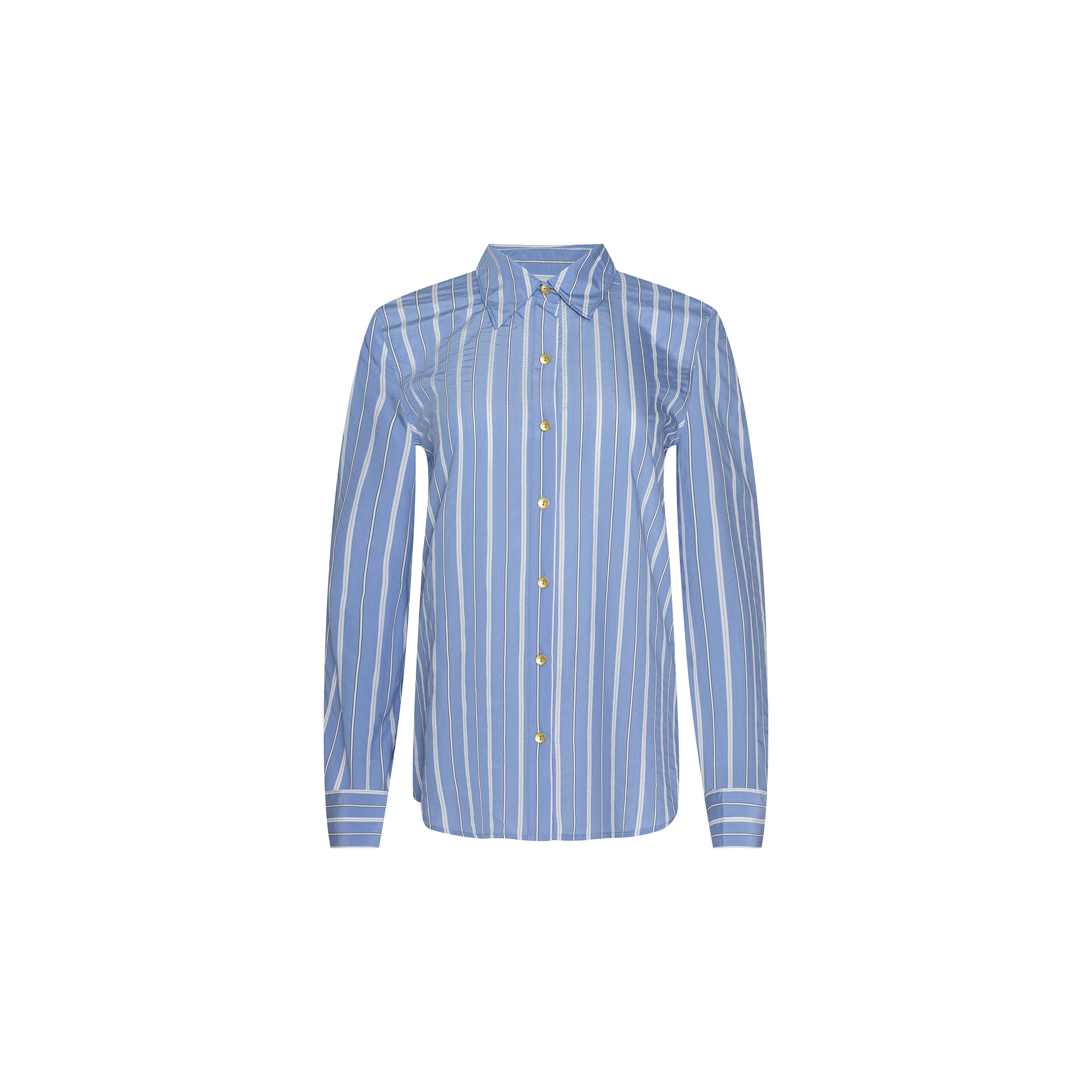 Ellery Poplin Shirt in blue and white vertical stripes, featuring a collar, long sleeves, button-down front, and a relaxed fit, shown on a plain white background.
