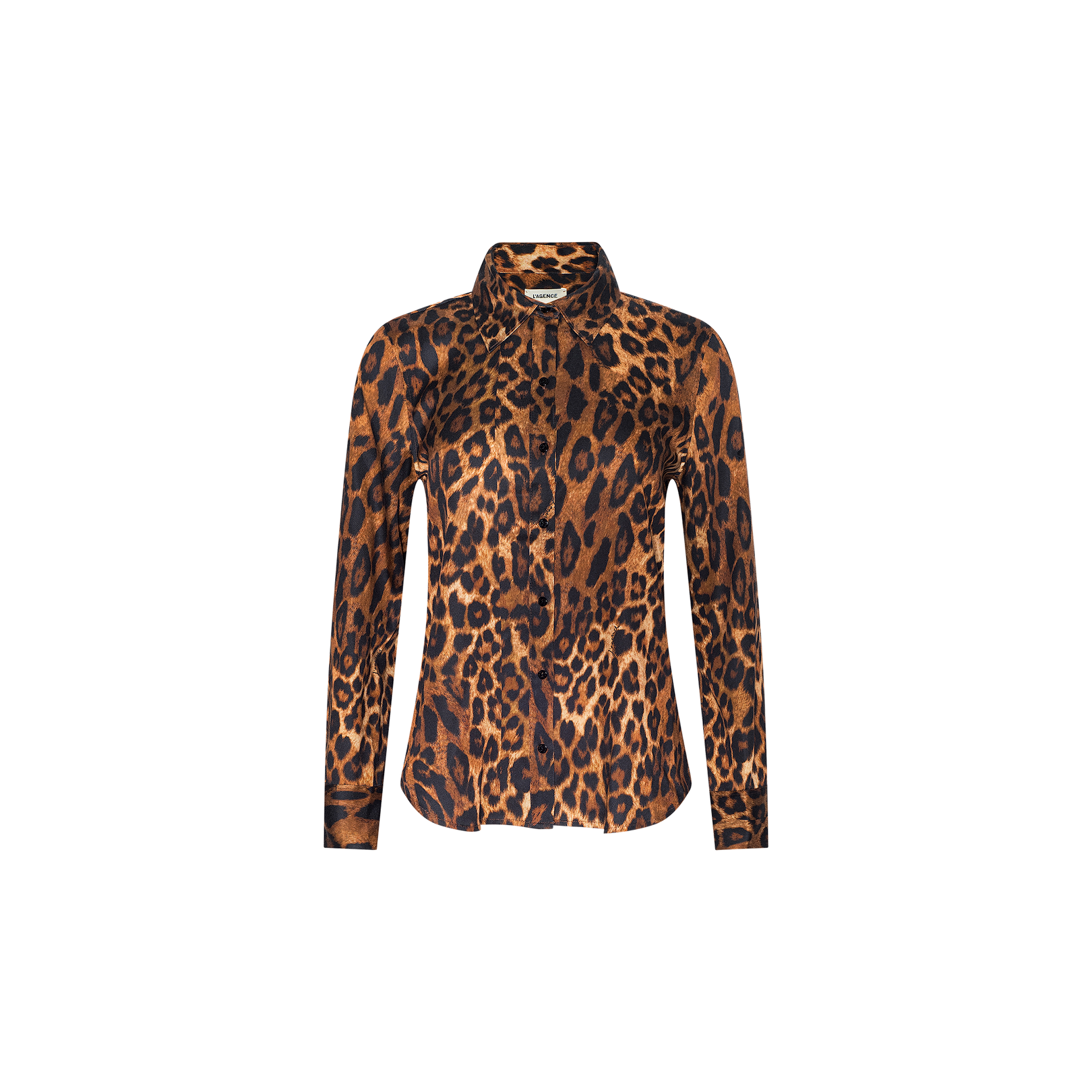 Ellery Blouse: A long-sleeve button-up tencel blouse with a brown and black leopard print pattern, shown on a plain white background.