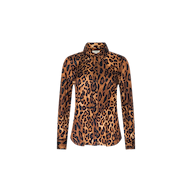Ellery Blouse: A long-sleeve button-up tencel blouse with a brown and black leopard print pattern, shown on a plain white background.