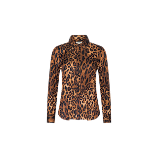 The Ellery Blouse is a relaxed-fit, long-sleeve button-down shirt with a brown and black leopard print pattern, displayed on a plain white background.