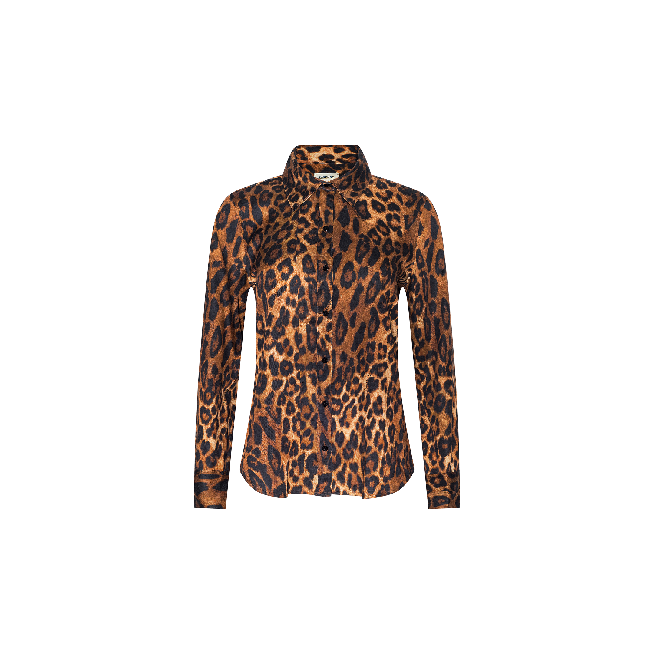Ellery Blouse: A long-sleeve button-up tencel blouse with a brown and black leopard print pattern, shown on a plain white background.
