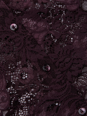 Close-up of the Maia Floral Lace Blouse by L'AGENCE, featuring dark purple chantilly lace with intricate floral patterns and three small, shiny buttons partially visible among the unlined lace details.
