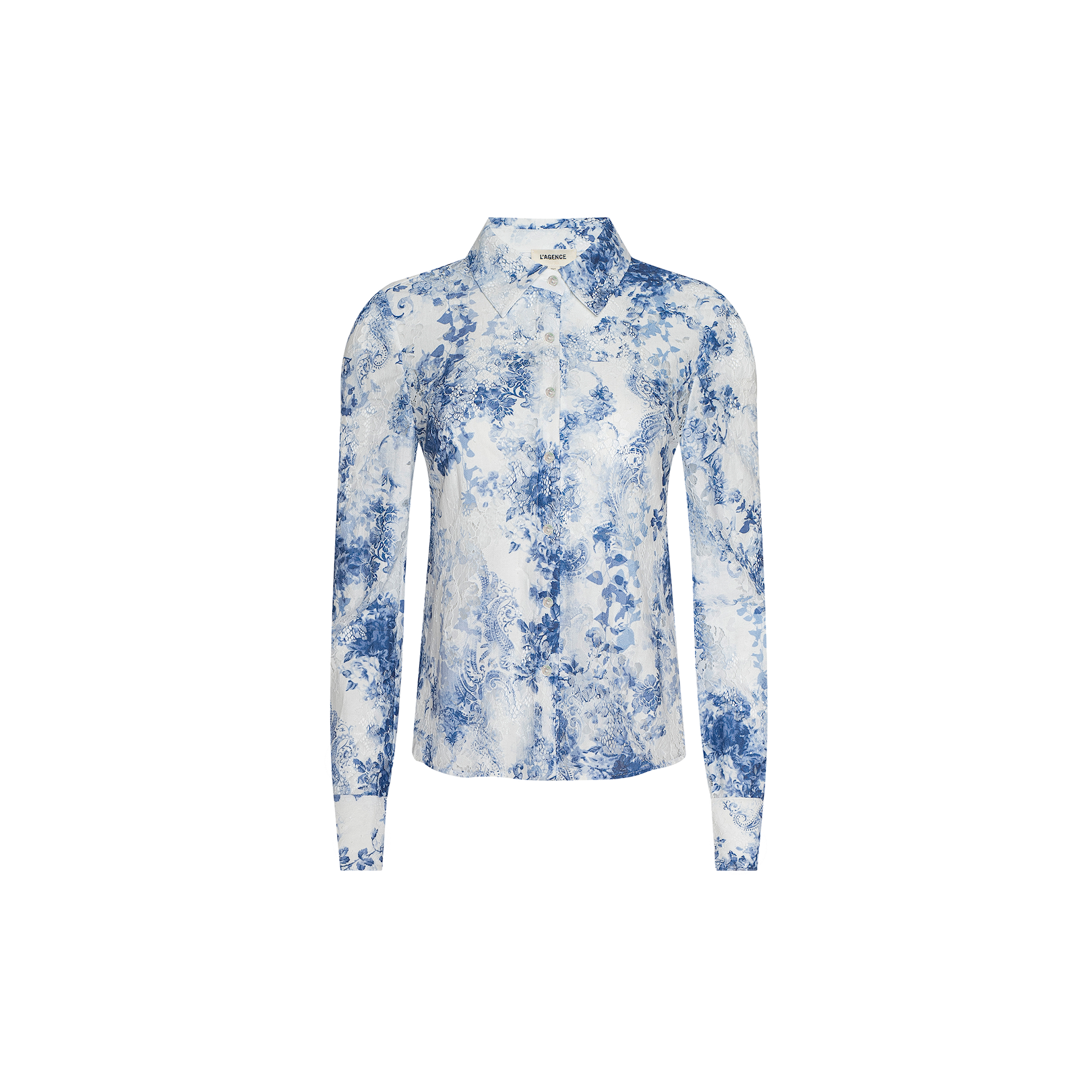 Maia Lace Blouse—white long-sleeve design with a navy floral print and subtle chevron lace details, featuring a button-down front and a classic collar, shown against a plain white background.