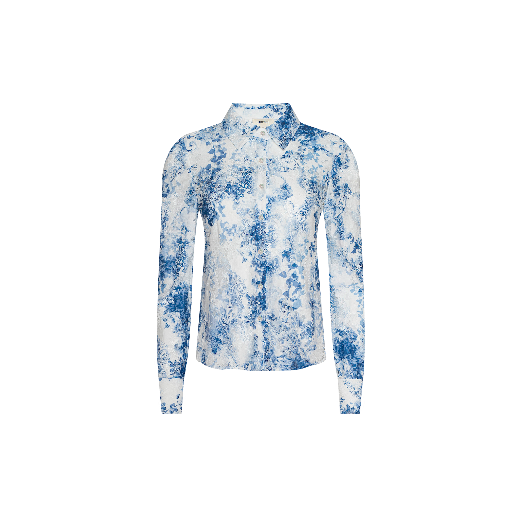 Maia Lace Blouse in Ivory/Blue Watercolor Lace Paisley | L'AGENCE Maia Lace Blouse in Ivory/Blue Watercolor Lace Paisley | L'AGENCE