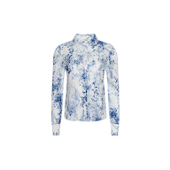 Maia Lace Blouse—white long-sleeve design with a navy floral print and subtle chevron lace details, featuring a button-down front and a classic collar, shown against a plain white background.