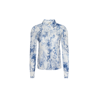 Maia Lace Blouse—white long-sleeve design with a navy floral print and subtle chevron lace details, featuring a button-down front and a classic collar, shown against a plain white background.