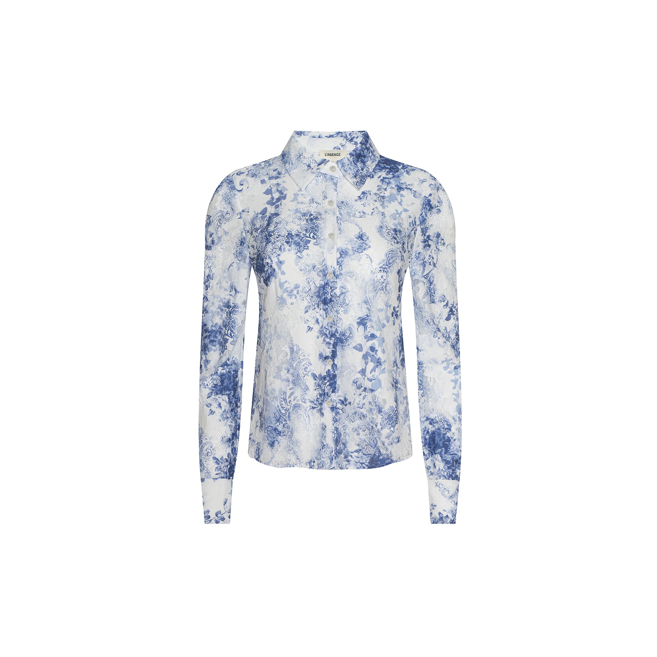 Maia Lace Blouse—white long-sleeve design with a navy floral print and subtle chevron lace details, featuring a button-down front and a classic collar, shown against a plain white background.
