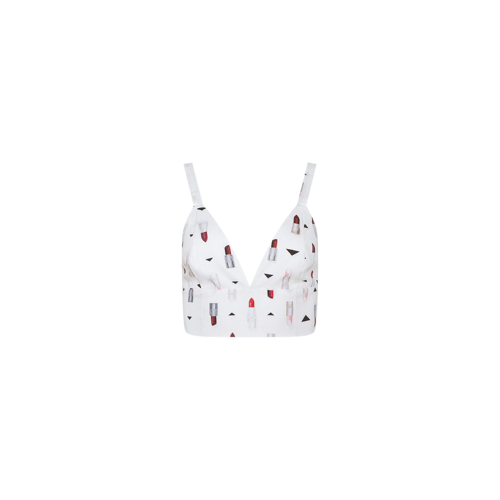 Kaori Bralette Top featuring thin straps and a colorful lipstick print pattern on the fabric, with a comfortable wide band, displayed against a plain white background.