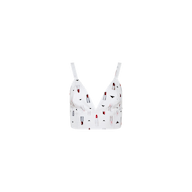 Kaori Bralette Top featuring thin straps and a colorful lipstick print pattern on the fabric, with a comfortable wide band, displayed against a plain white background.