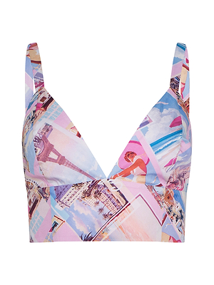 The Kaori Bralette Top features wide straps and a postcard print collage of landmarks, vintage images, and beach scenes in pastel pinks, purples, and blues. Crafted from cotton-blend poplin with a deep V-neckline and flattering fitted shape.