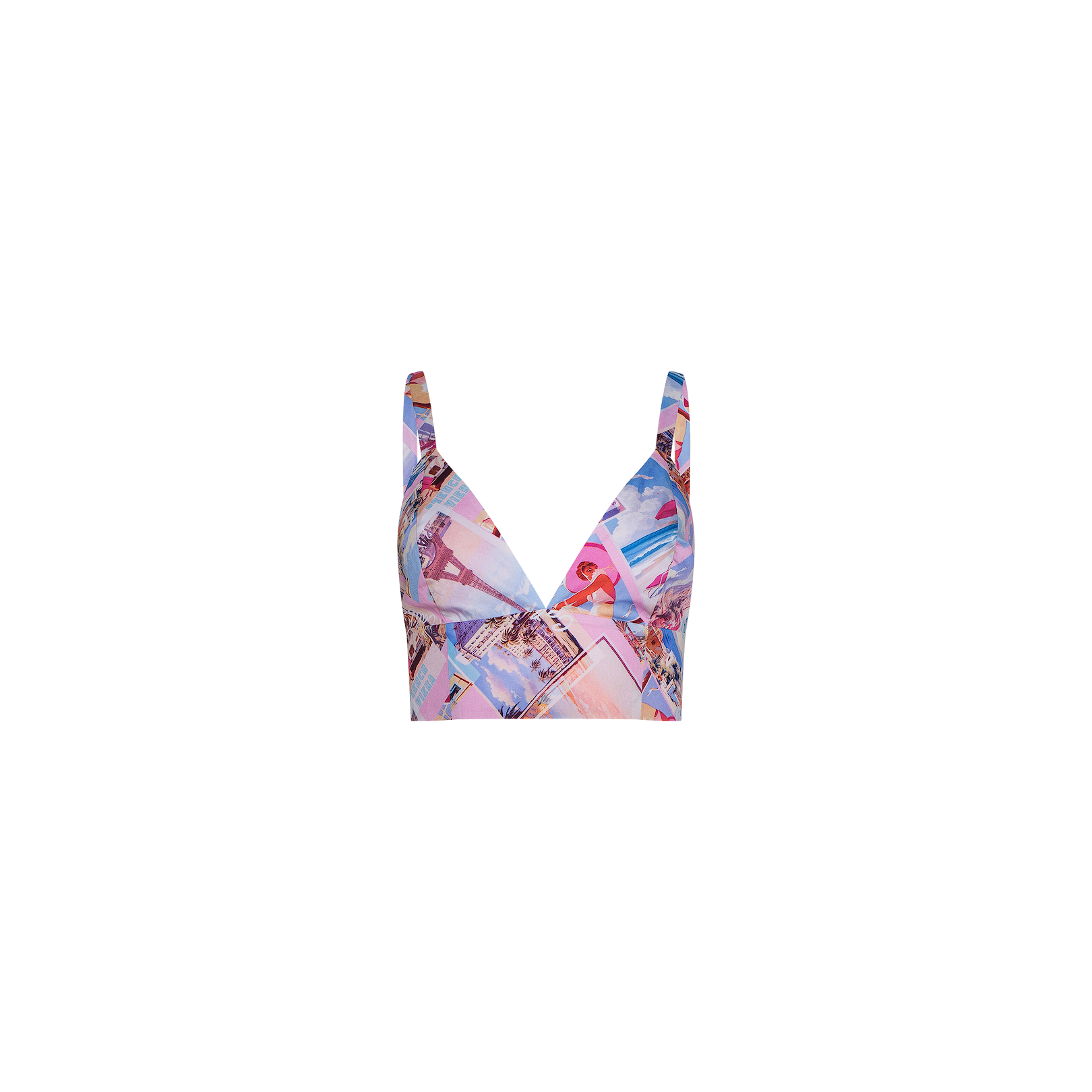 Kaori Bralette Top with a deep V-neck and wide straps, showcasing a postcard print collage in pink, blue, and purple tones on a white cotton-blend poplin background.