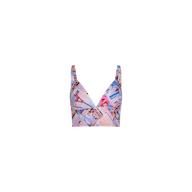 Kaori Bralette Top with a deep V-neck and wide straps, showcasing a postcard print collage in pink, blue, and purple tones on a white cotton-blend poplin background.