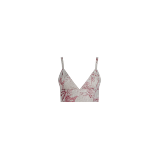 The Kaori Linen Bralette Top is a cropped linen style with thin straps and a deep V-neckline, featuring a light beige background decorated with a pink floral and pastoral toile print.