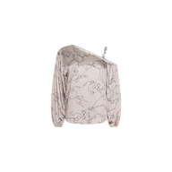 Introducing the Asami Chain One-Shoulder Blouse: a light pink satin blouse featuring long sleeves, an off-shoulder silhouette with a single thin strap on one side, and subtle gray horse bit chain pattern accents.