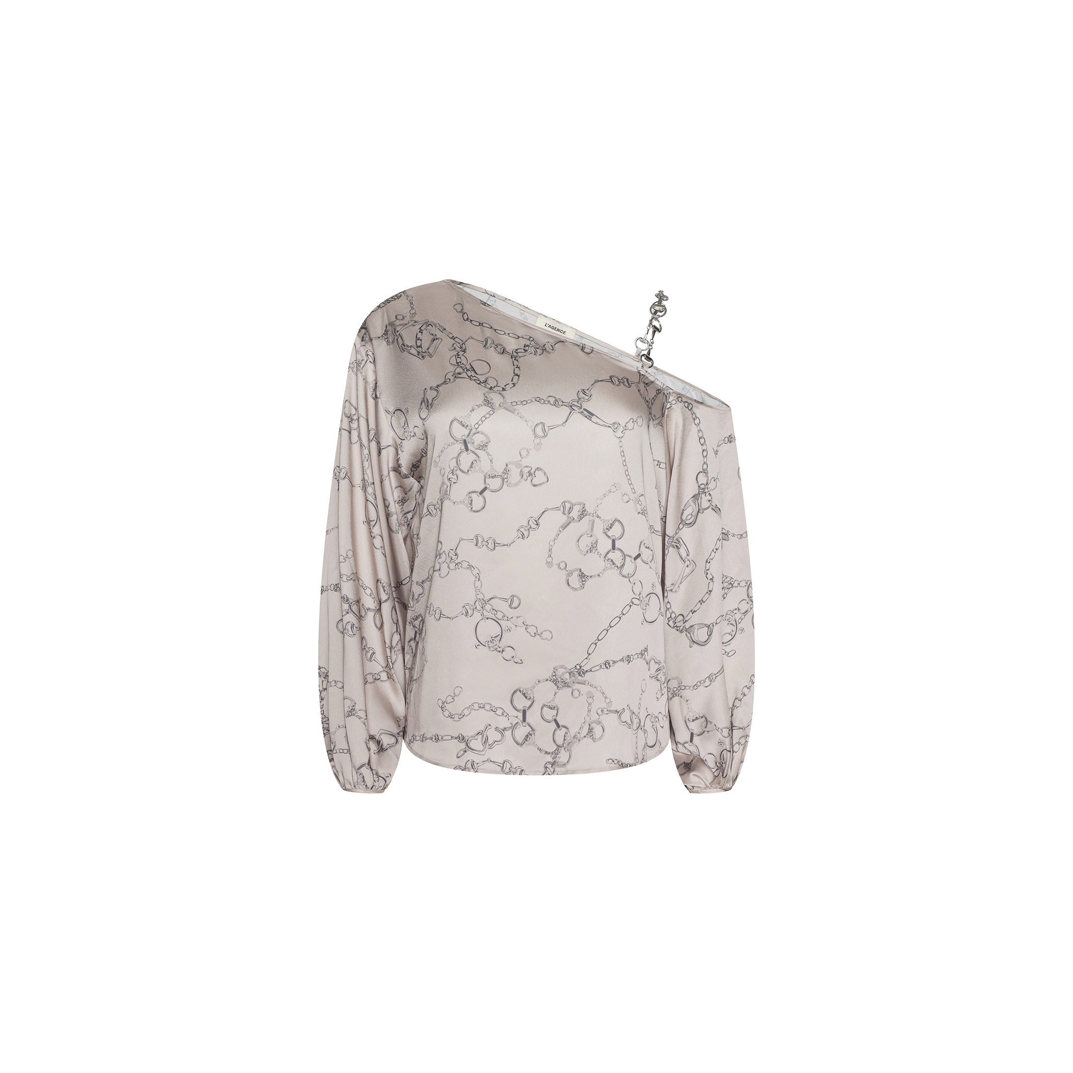 Introducing the Asami Chain One-Shoulder Blouse: a light pink satin blouse featuring long sleeves, an off-shoulder silhouette with a single thin strap on one side, and subtle gray horse bit chain pattern accents.